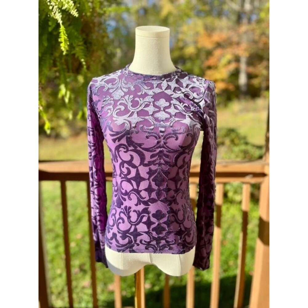 LOFT Purple Velvet Burnout Damask Mesh Long Sleeve Top S